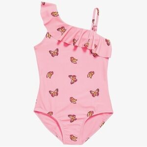 Girls Pink Printed Ruffled one piece Swimsuit with Butterfly Detail Size M 8